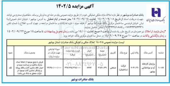 مزایده فروش املاک مازاد ملکی تملیکی کاربری صنعتی 