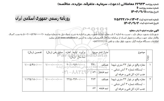 مزایده اجاره 2 باب مغازه