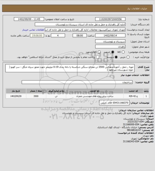 استعلام تهیه , حمل , آخوره و میکس 3500 تن مصالح سنگی شکسته با دانه بندی 19-0 میلیمتر جهت محور سیاه جنگل - سر کهنو ( حوزه شهرستان میرجاوه )