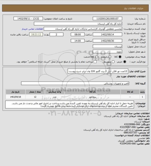 استعلام 12عدد نور افکن آریل 2 برند گلنور 220 وات برابر شرح پیوست