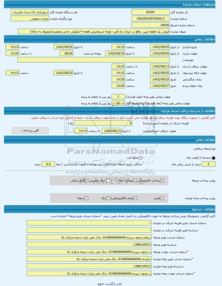 مزایده ، فروش یک قطعه زمین  واقع در خیابان راه آهن- کوچه اسماعیلی قطعه 4 تفکیکی خانی معماریان(معروف به چاکه) -مزایده زمین  - است