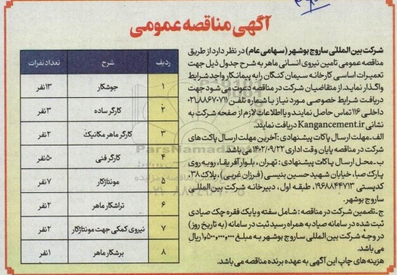 مناقصه تامین نیروی انسانی ماهر