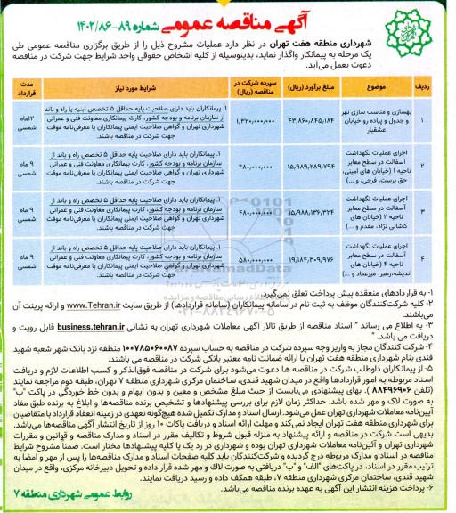 مناقصه بهسازی و مناسب سازی نهر و جدول و پیاده رو خیابان .....