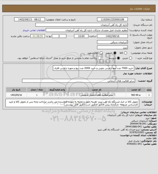 استعلام خرید 7000 عدد پیچ تراورس چوبی و خرید 2000 عدد پیچ و مهره تراورس فلزی