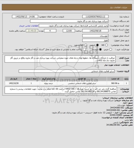 استعلام مراقبت از ابزارآلات،دستگاه ها ،خطوط لوله و چاه های حوزه عملیاتی شرکت بهره برداری نفت و گاز مارون واقع در تزریق گاز مارون دی ماه 1402