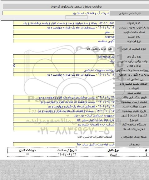 مناقصه, خرید لوله چدن داکتیل سایز ۲۵۰