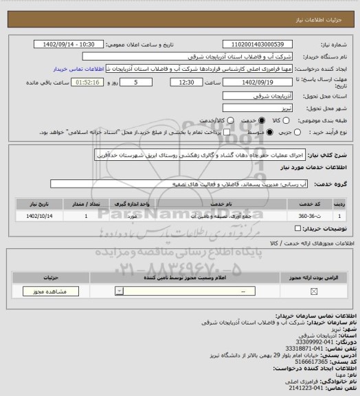 استعلام اجرای عملیات حفر چاه دهان گشاد و گالری زهکشی روستای ابریق شهرستان خداآفرین