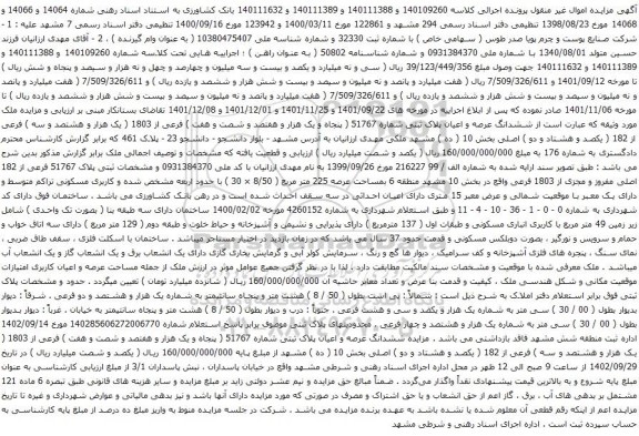 آگهی مزایده  ششدانگ عرصه و اعیان پلاک ثبتی شماره 51767 ( پنجاه و یک هزار و هفتصد و شصت و هفت ) فرعی از 1803