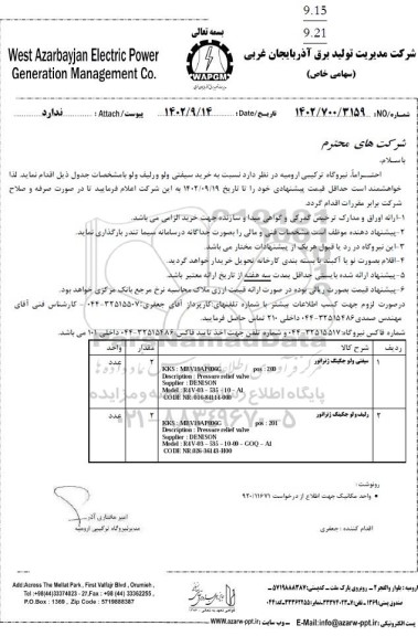 استعلام خرید سیفتی ولو و رلیف ولو