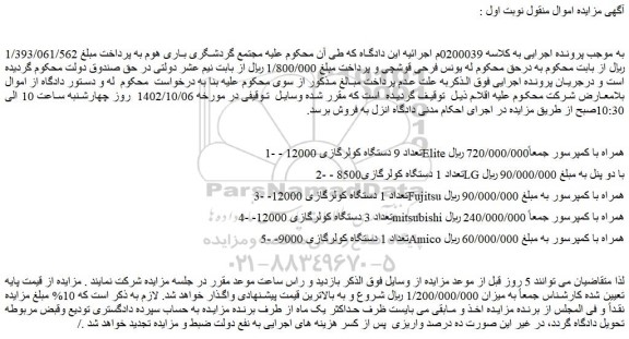 مزایده فروش تعداد 9 دستگاه کولرگازی 12000 -Elite همراه با کمپرسور  و...