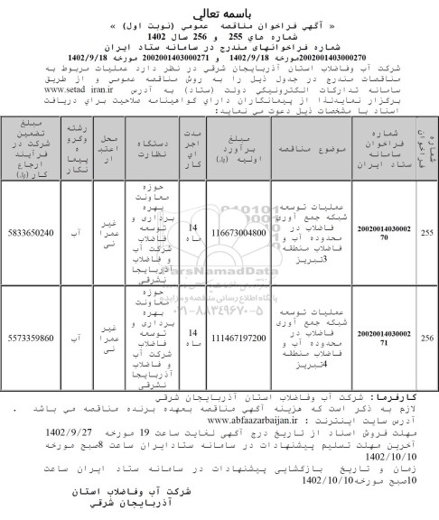 مناقصه عملیات توسعه شبکه جمع آوری فاضلاب.....