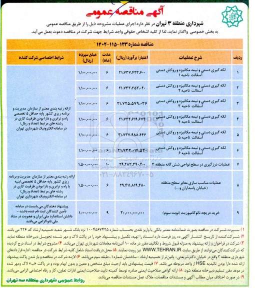 مناقصه عمومی لکه گیری دستی و نیمه مکانیزه و روکش دستی آسفالت...