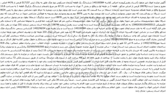 مزایده ششدانگ یک قطعه آپارتمان مسکونی نوع ملک طلق به پلاک ثبتی 517157 فرعی از 4476 اصلی 