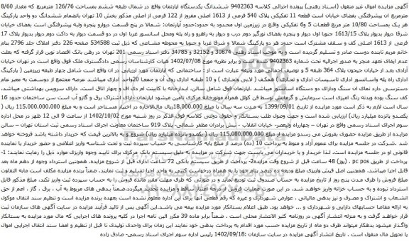 مزایده ششدانگ یکدستگاه اپارتمان واقع در شمال طبقه ششم بمساحت 126/76 مترمربع 