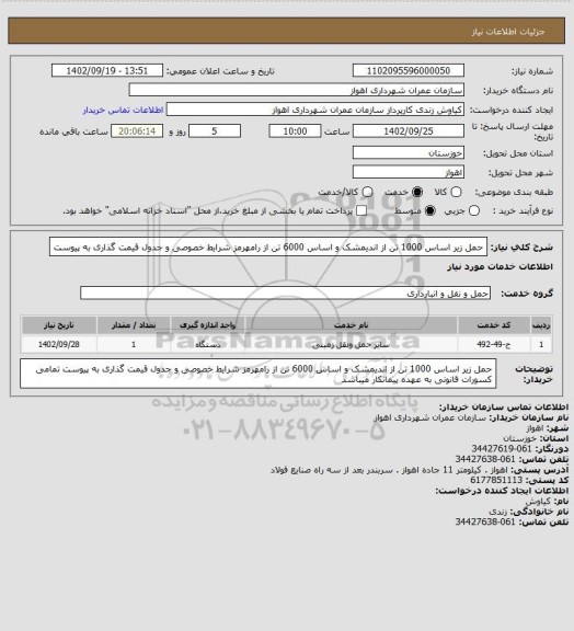 استعلام حمل زیر اساس 1000 تن از اندیمشک و اساس 6000 تن از رامهرمز شرایط خصوصی و جدول قیمت گذاری به پیوست