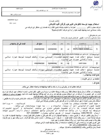 استعلام جهت توسعه کافوهای فایبر هوم 