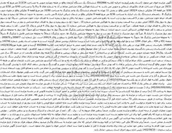 آگهی مزایده ششدانگ یک دستگاه آپارتمان واقع در طبقه چهارم جنوبی به مساحت 213/24 متر مربع که مقدار 20/31 متر مربع