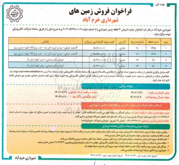 فراخوان فروش 4 قطعه زمین با کاربری تجاری به متراژ 28 مترمربع