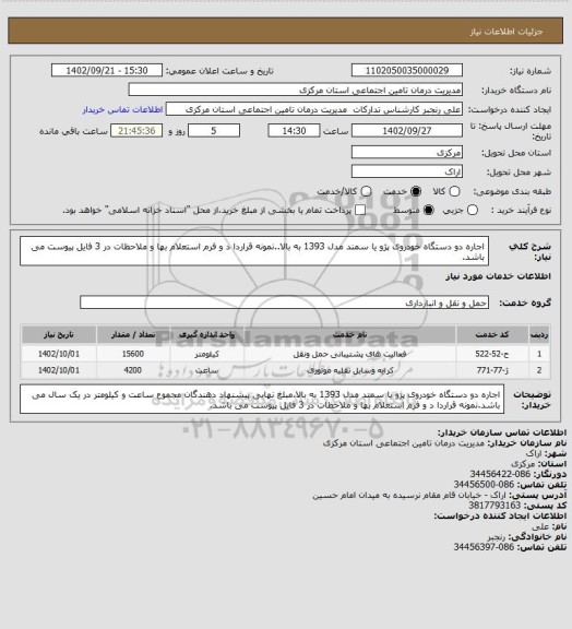 استعلام اجاره دو دستگاه خودروی پژو یا سمند مدل 1393 به بالا..نمونه قراردا د و فرم استعلام بها و ملاحظات در 3 فایل پیوست می باشد.