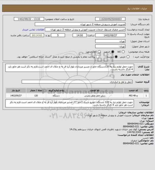 استعلام جهت حمل لوازم نیاز به 120دستگاه خاور از مسیر مرزداران بلوار آریا فر به خ جلال ال احمد است.لازم به ذکر است هر خاور باید 4 کارگر داشته باشد.