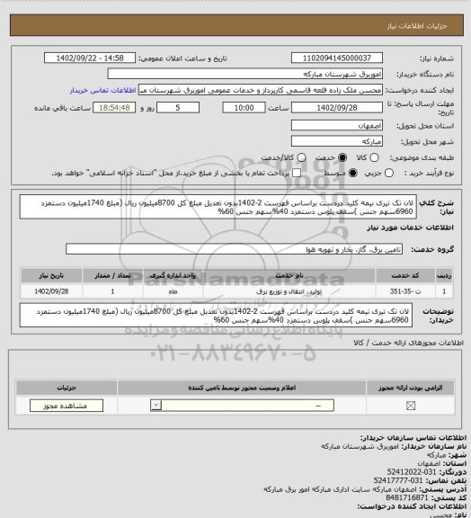 استعلام لان تک تیری نیمه کلید دردست براساس فهرست 2-1402بدون تعدیل مبلغ کل 8700میلیون ریال (مبلغ 1740میلیون دستمزد 6960سهم جنس )سقف پلوس دستمزد 40%سهم جنس 60%