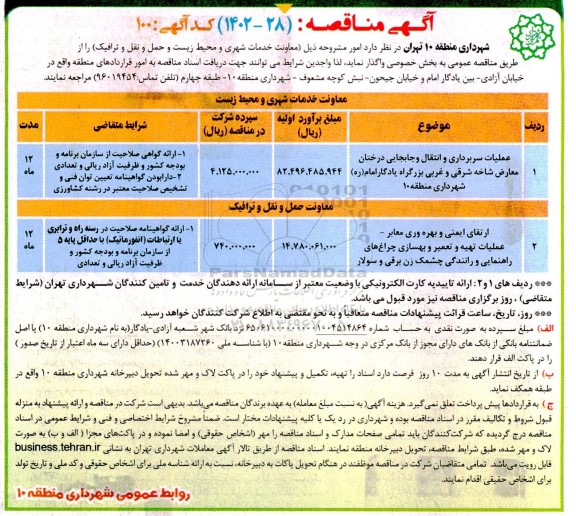 مناقصه عملیات سربرداری و انتقال و جابجایی درختان....