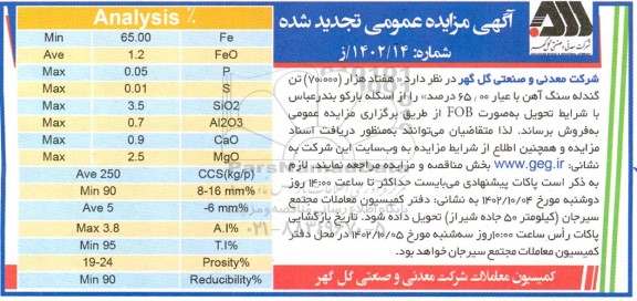 تجدید شده مناقصه و مزایده هفتاد هزار (70.000) تن گندله سنگ آهن 