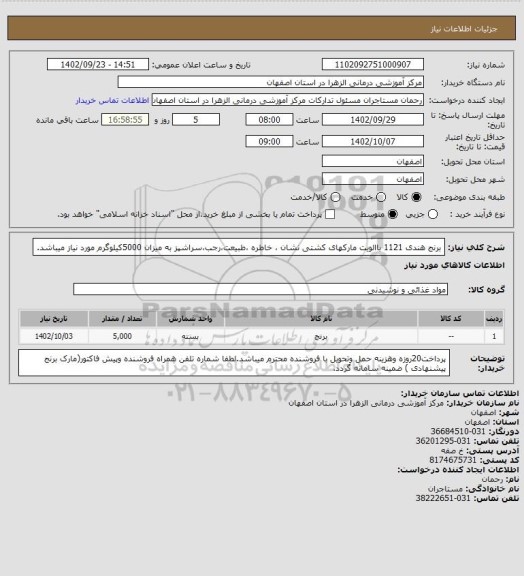 استعلام برنج هندی 1121 باالویت مارکهای کشتی نشان ، خاطره ،طبیعت،رجب،سراشپز به میزان 5000کیلوگرم مورد نیاز میباشد.