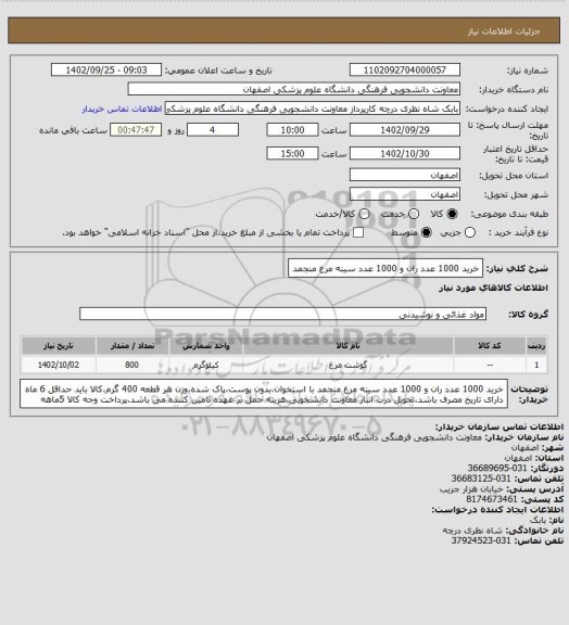 استعلام خرید 1000 عدد ران و 1000 عدد سینه مرغ منجمد