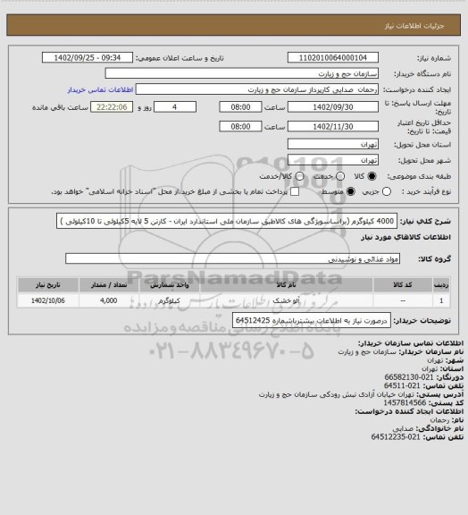 استعلام 4000 کیلوگرم (براساسویژگی های کالاطبق سازمان ملی استاندارد ایران - کارتن 5 لایه 5کیلوئی تا 10کیلوئی )