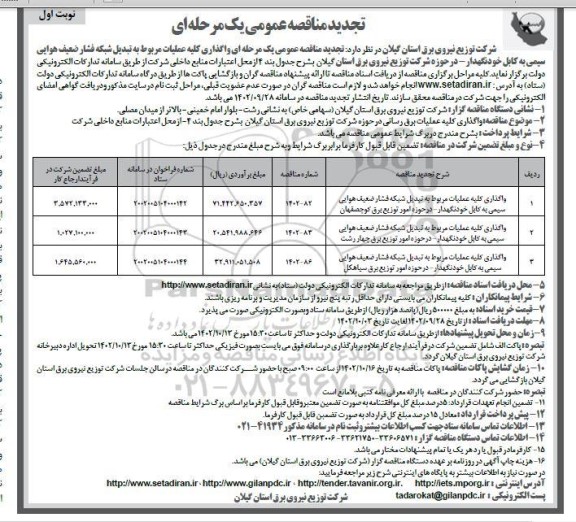  تجدید مناقصه عمومی واگذاری کلیه عملیات مربوط به تبدیل شبکه فشار ضعیف هوایی سیمی به کابل خودنگهدار ....