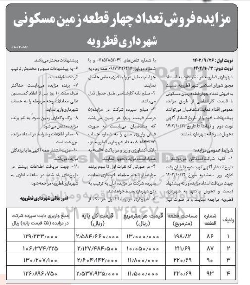 مزایده فروش تعداد چهار قطعه زمین مسکونی 