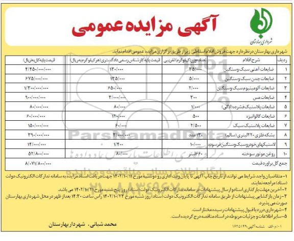 مزایده ضایعات آهنی سبک و سنگین  ......