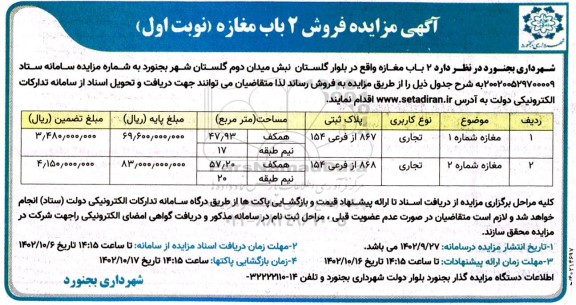 مزایده فروش 2 باب مغازه