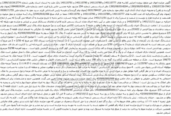 آگهی مزایده  تمامت ششدانگ اعیان یکدستگاه آپارتمان (با عرصه وقف) واقع در طبقه 3 به مساحت 102متر مربع