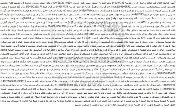 آگهی مزایده ششدانگ اعیان یکدستگاه آپارتمان (با عرصه وقف) واقع در طبقه یک به مساحت 163(صد و شصت و سه) مترمربع دارای پلاک ثبتی 88189