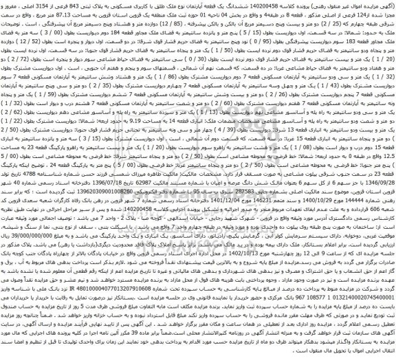 آگهی مزایده ششدانگ یک قطعه آپارتمان نوع ملک طلق با کاربری مسکونی به پلاک ثبتی 843 فرعی از 3154 اصلی ، مفروز و مجزا شده از124 فرعی از اصلی