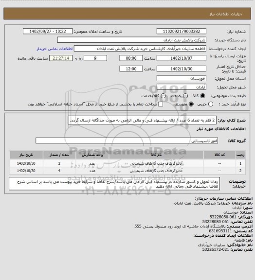 استعلام 2 قلم به تعداد 6 عدد / ارائه پیشنهاد فنی و مالی الزامی به صورت جداگانه ارسال گردد.