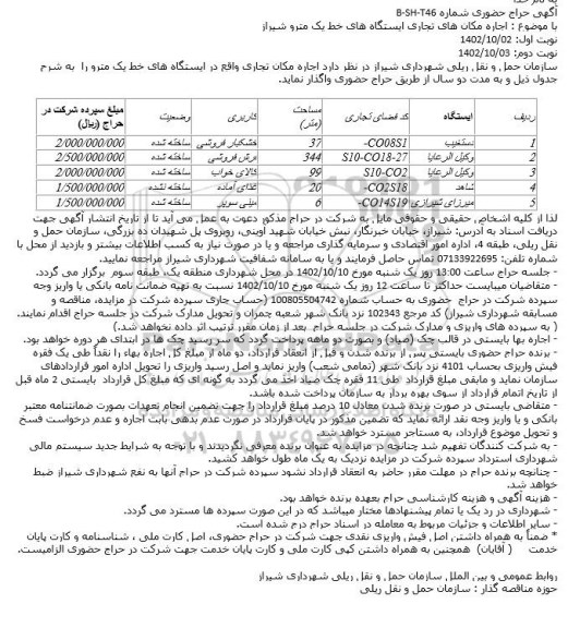 آگهی حراج حضوری اجاره مکان های تجاری ایستگاه های خط یک مترو 