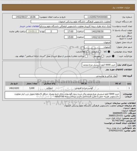 استعلام خرید 5000 کیلو شینسل مرغ منجمد