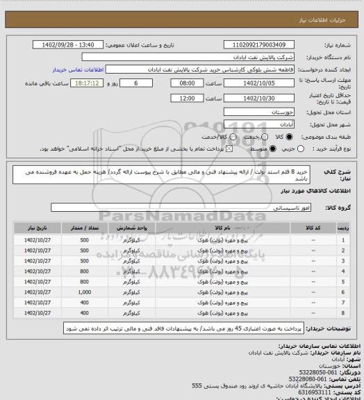 استعلام خرید 8 قلم استد بولت / ارائه پیشنهاد فنی و مالی مطابق با شرح پیوست ارائه گردد/ هزینه حمل به عهده فروشنده می باشد