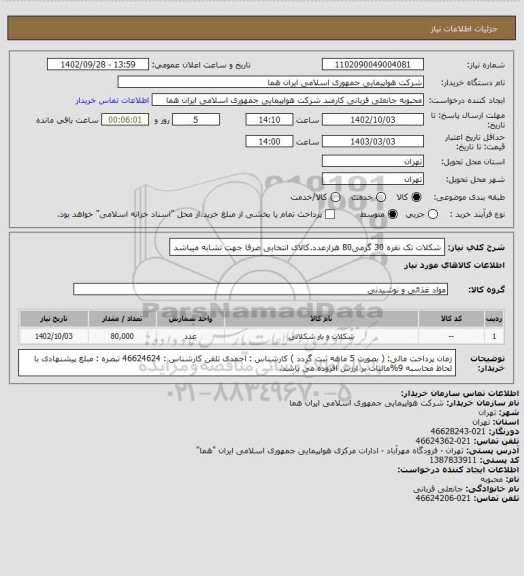 استعلام شکلات تک نفره 30 گرمی80 هزارعدد.کالای انتخابی صرفا جهت تشابه میباشد