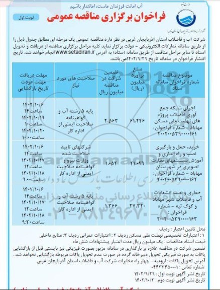 مناقصه اجرای شبکه جمع آوری فاضلاب پروژه های نهضت ملی مسکن ...