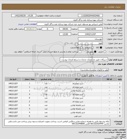 استعلام شیرآلات طبق مشخصات مدارک و شرایط مدارک پیوست.