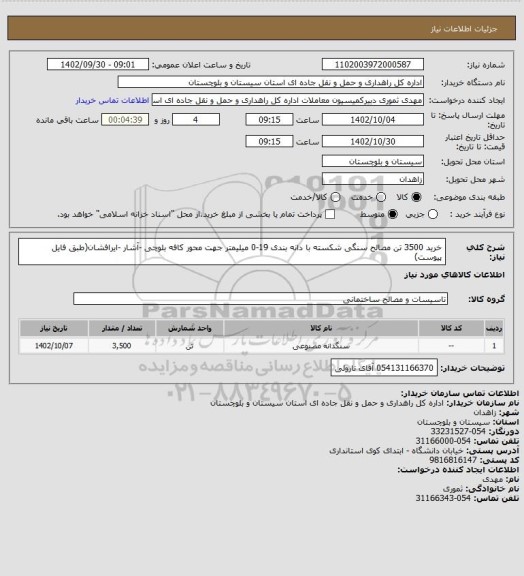 استعلام خرید 3500 تن مصالح سنگی شکسته با دانه بندی 19-0 میلیمتر جهت محور کافه بلوچی -آشار -ایرافشان(طبق فایل پیوست)