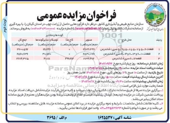 مزایده فروش فرآورده هایی حاصل از زراعت چوب - نوبت دوم 