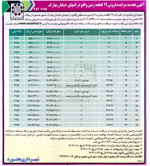 مزایده تجدید فروش 19 قطعه زمین مسکونی واقع در انتهای خیابان بهارک - نوبت دوم