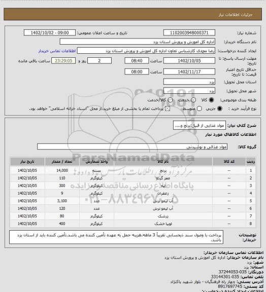 استعلام مواد غذایی از قبیل:برنج و....