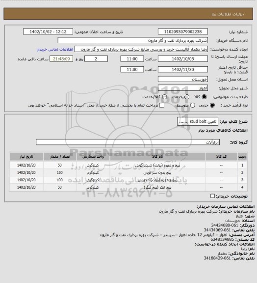 استعلام تامین stud bolt ,......