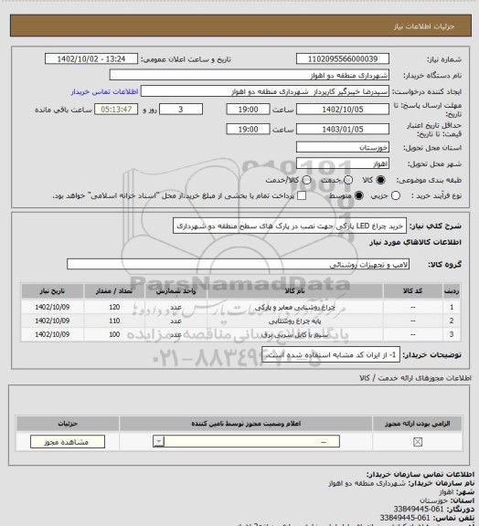 استعلام خرید چراغ LED پارکی جهت نصب در پارک های سطح منطقه دو شهرداری